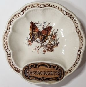 Vintage Ceramic Butterfly Massachusetts Travel Souvenir Ashtray